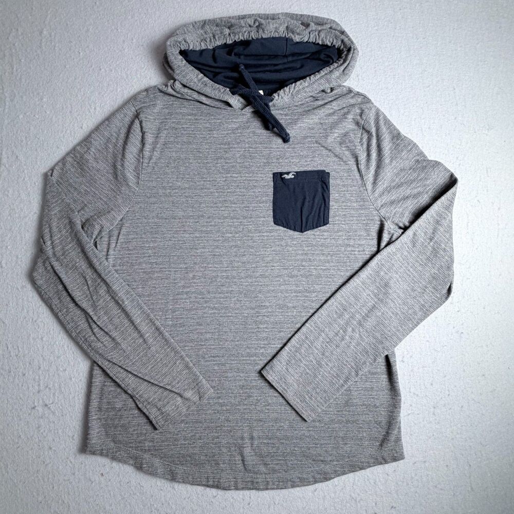 Hollister Men's Long Sleeve Gray/Blue Hooded Shirt Casual Semi Formal